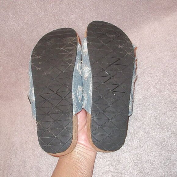 Minnetonka Patchwork Denim Sandals Size 7 Slide Fringe Slip On Boho Grunge 90s - Picture 9 of 9